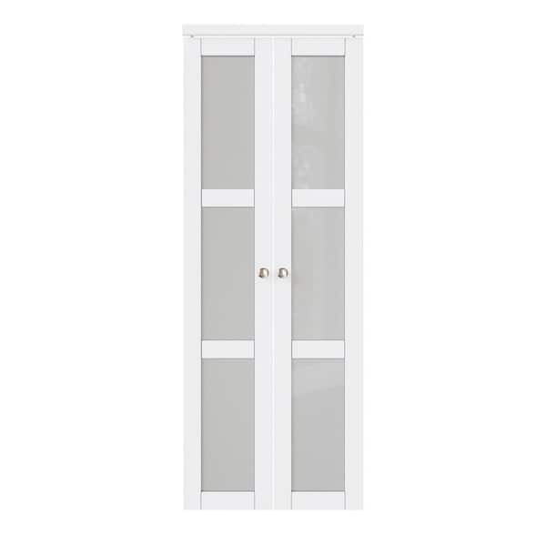 30 in. x 80 in. 3-Lite Frosted Glass Solid Core White Finished (Pivot French) Bi-fold Door with Pivot Hardware