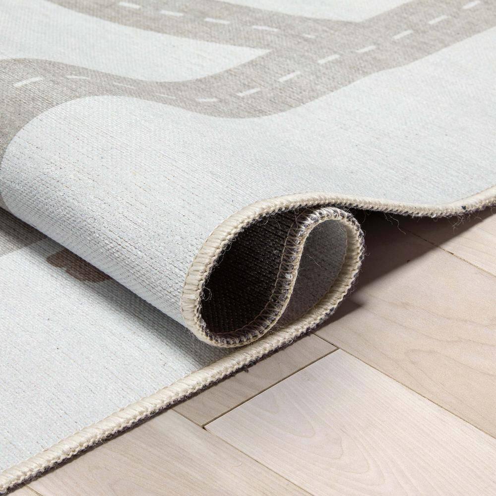 Gray Chenille Kids Playmat Road Traffic 5' x 7' Rug