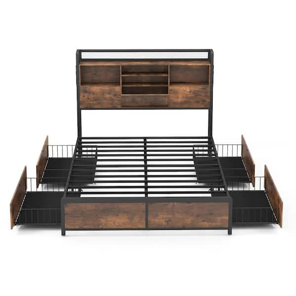 Vintage Brown Metal Frame Queen Size Platform Bed Frame w/Bookcase Headboard and 4 Storage Drawers