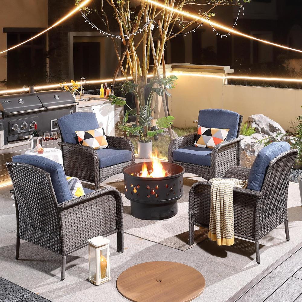 Venice Gray 5-Piece Wicker Outdoor Patio Conversation Chair Set with a Wood-Burning Fire Pit and Denim Blue Cushions -  HOOOWOOO, WFP-HGDS305