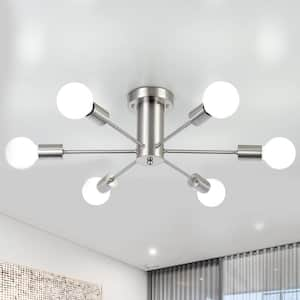 Theis 22 in. 6-Light Nickel Semi Flush Mount Sputnik Chandelier Linear Ceiling Mount Light for Bedroom Room Dining Room