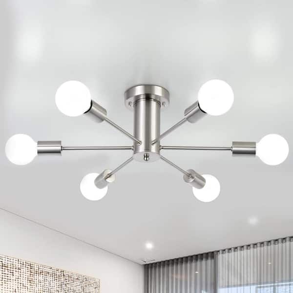LWYTJO Theis 22 in. 6-Light Nickel Semi Flush Mount Sputnik Chandelier Linear Ceiling Mount Light for Bedroom Room Dining Room