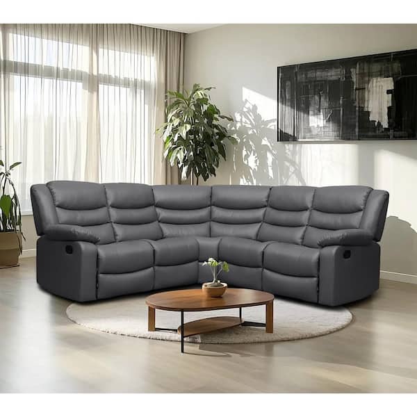 Rex 106'' in 5-Seat L-Shaped Modular Faux Leather Sectional Sofa with Manual Recliners, Living Room in. Gray