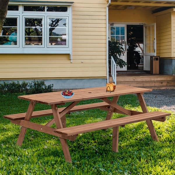 50 in. Brown Rectangle 8-Person Wood Outdoor Picnic Table Camping Dining Table with 2 Built-in Benches and Umbrella Hole