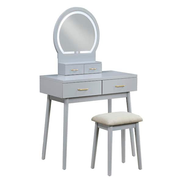 Calera 2-Piece Gray Makeup Vanity Sets with Dresser, Mirror and Stool