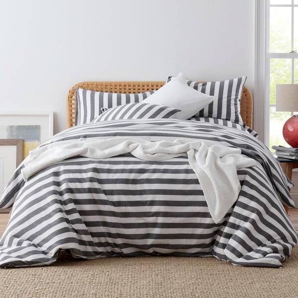 The Company Store Awning Stripe Space Dye Gray Jersey Knit King Duvet Cover