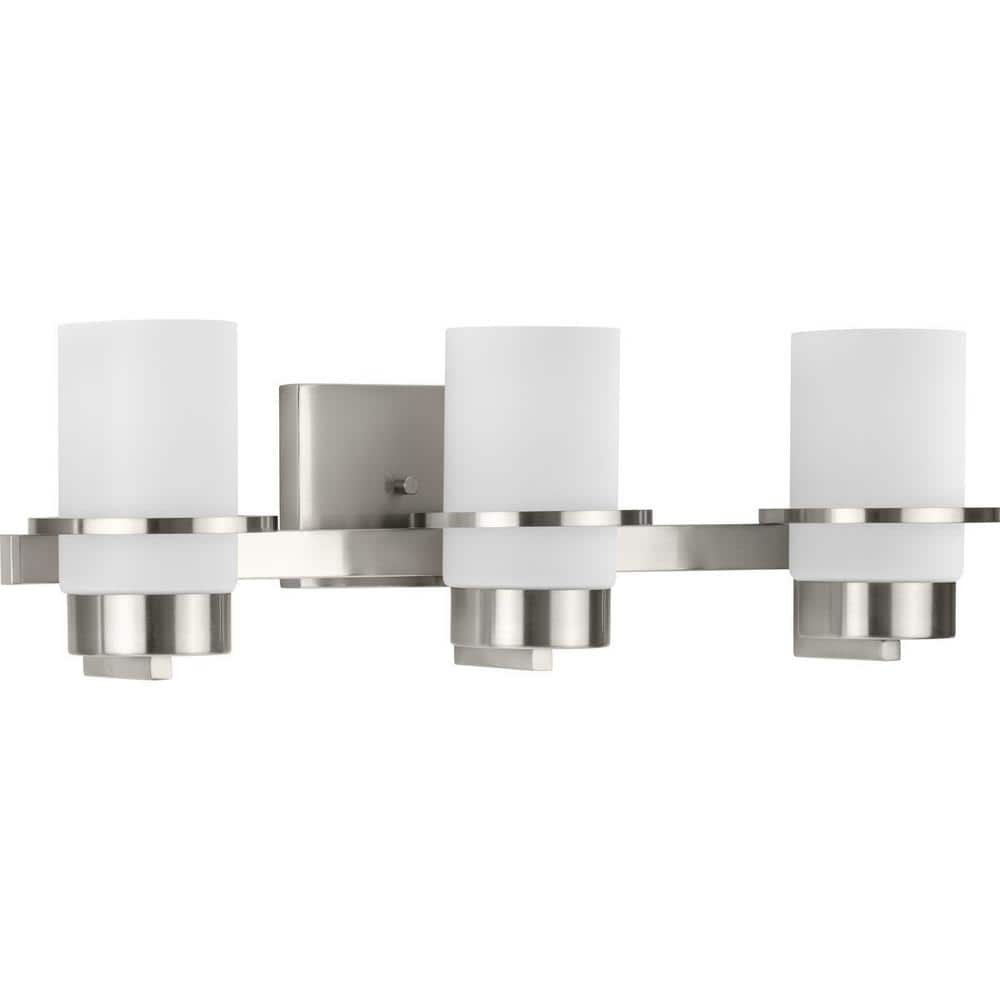 Brushed Nickel 3-Light Vanity Fixture with White Glass Shades
