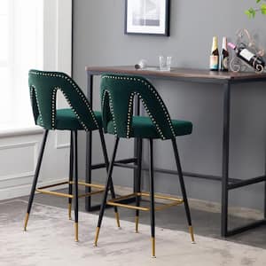 40.10 in. Green Velvet Upholstered Bar Stool with Nailheads and Gold Tipped Metal Legs (Set of 2)
