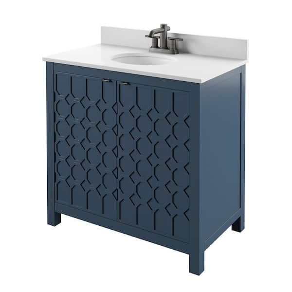 36 in. W x 20 in. D x 35.63 H Bath Vanity in Franklin Blue with Geometric Pattern and White Marble Top
