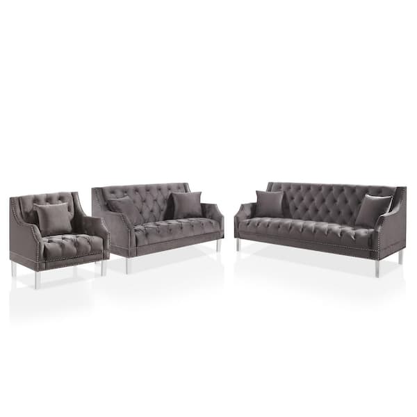 Furniture of America Mendaza Flannelette 3-Piece Gray Nailhead Trim Sofa Set