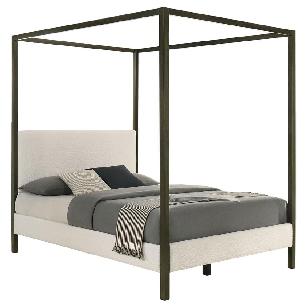 Cream Upholstered Queen Canopy Bed with Metal Frame