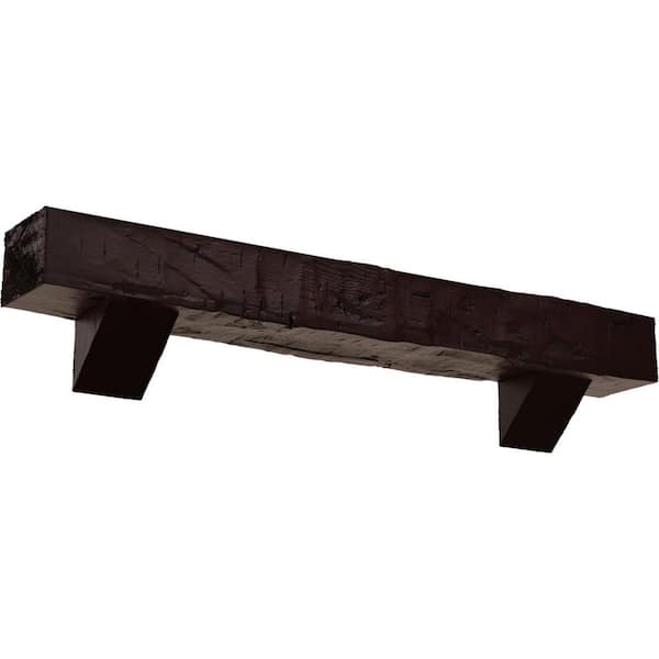 Ekena Millwork 4 in. x 4 in. x 7 ft. Hand Hewn Faux Wood Fireplace Mantel Kit with Breckinridge Corbels, Premium Cherry