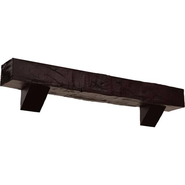 Ekena Millwork 8 in. x 10 in. x 7 ft. Hand Hewn Faux Wood Fireplace Mantel Kit with Breckinridge Corbels, Premium Cherry