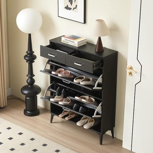 31.49 in. x 9.44 in. x 42.12 in. Freestanding Flip-Top Bucket Shoe Cabinet in Black MDF with 2 Flip-Top 2-Drawers
