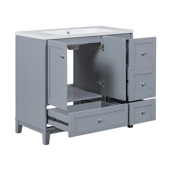 36 in. W x 18 in. D x 34 in. H Single Sink Freestanding Bath Vanity in Gray with White Resin Top Undermount Sink