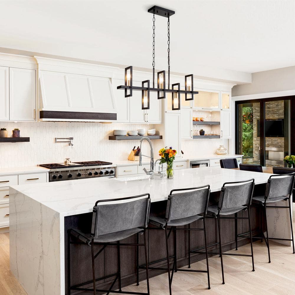 Modern Black and Brass Rectangle Island Chandelier with Clear Glass Shades
