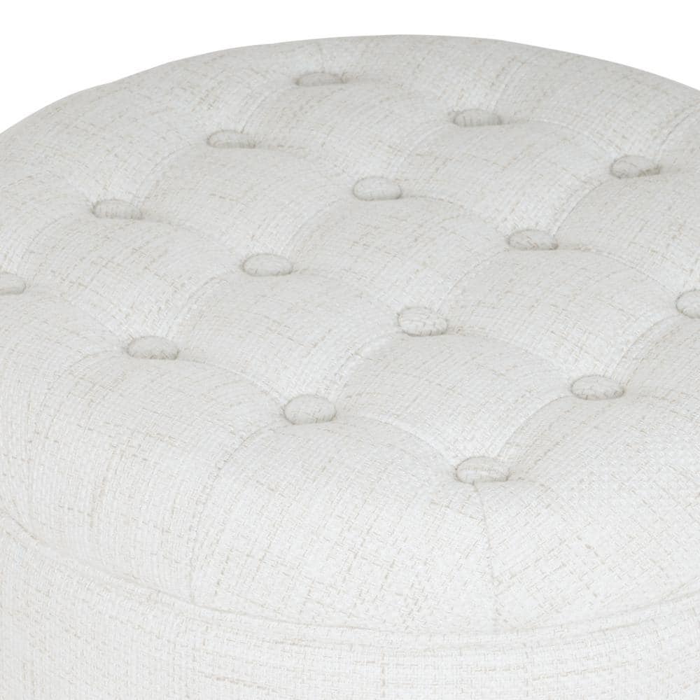 Cream Tufted Round Storage Ottoman with Wooden Legs