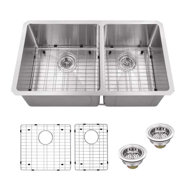 Schon Undermount 16-Gauge Stainless Steel 32 in. 0-Hole 60/40 Double Bowl Kitchen Sink with Grid Set and Drain Assemblies
