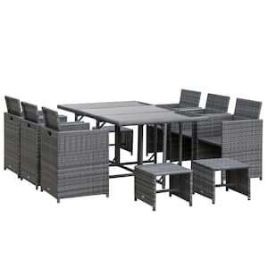 Grey 11-Pieces Metal Plastic Rattan Rectangle Outdoor Dining Set with Grey Cushions and Water-Resistant Build