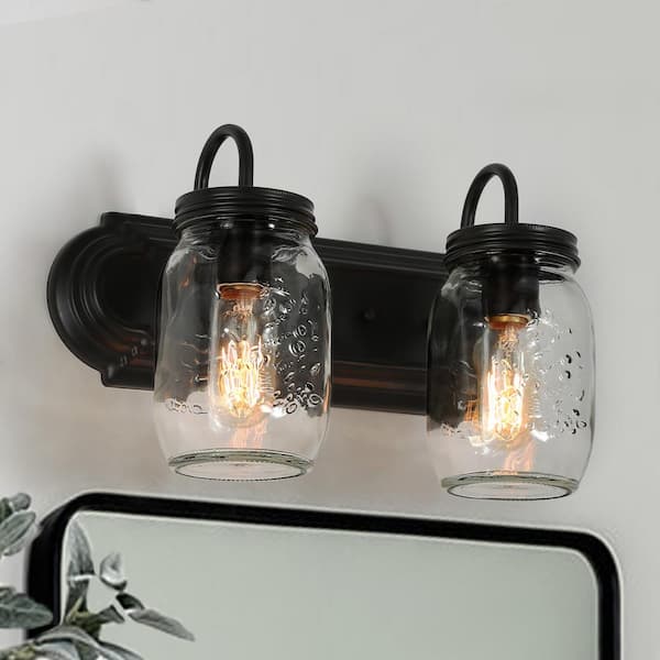 LNC 14 in. Modern Farmhouse Black Bronze Vanity Light with Classic Mason Jar Glass Shades 2-Light Bathroom Wall Sconce