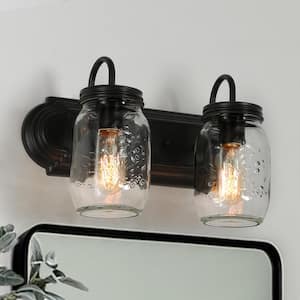 14 in. Industrial Oil-Rubbed Bronze Vanity Light with Classic Mason Jar Glass Shades 2 Light Bathroom Wall Sconce
