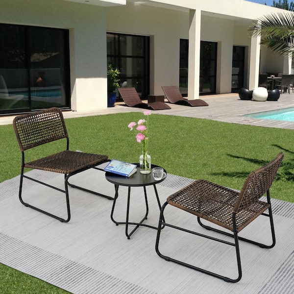 Unbranded Black Steel Frame 3-Piece Brown Wicker Patio Conversation Furniture Seat Set