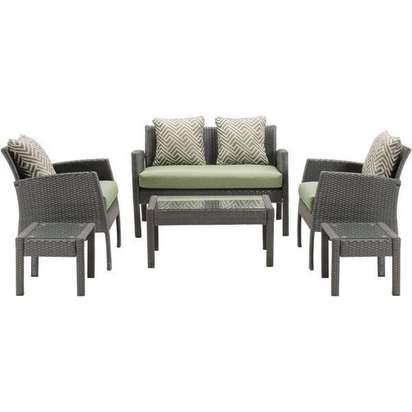 Hanover Chelsea 6-Piece All-Weather Wicker Patio Seating Set with Cilantro Green Cushions