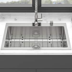 30 in. Drop-in Single Bowl 16-Gauge Brushed Nickel Stainless Steel Kitchen Sink with Bottom Grids