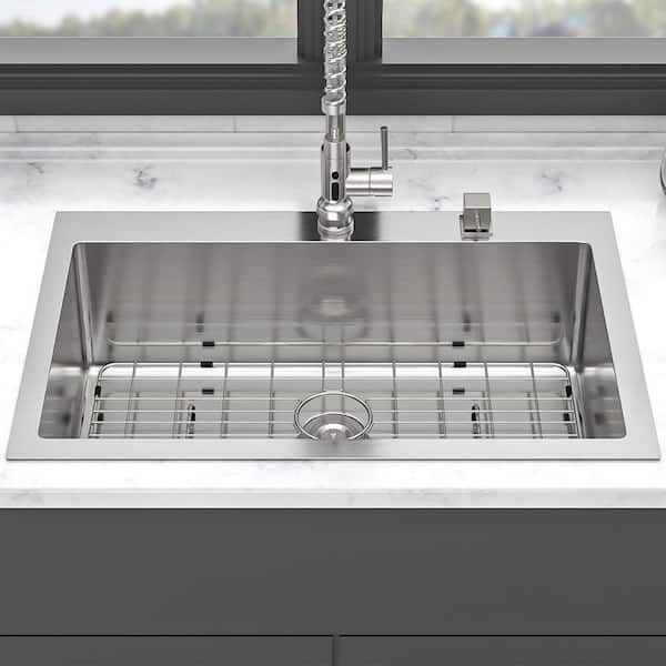 Dueyeeri 30 in. Drop-in Single Bowl 16-Gauge Brushed Nickel Stainless Steel Kitchen Sink with Bottom Grids