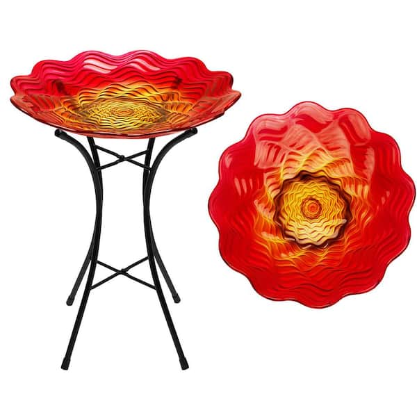 19 in. Red and Orange Flower Design Glass Bird Bath with Metal Stand