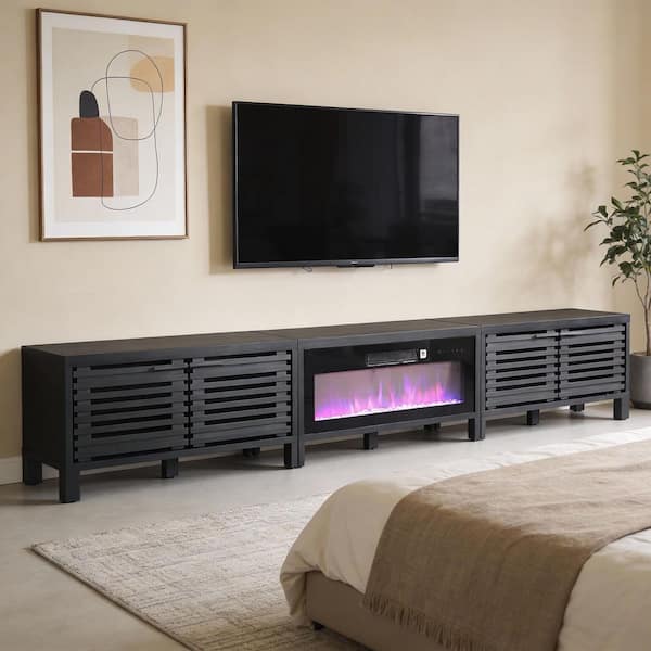 115 in. Black Freestanding Fireplace TV Stand Fits Up to 110 in. with Remote