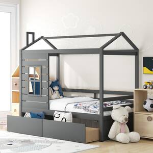 Twin Size Gray Wood House Canopy Bed with Drawers and Roof, Kids House Daybed Frame with Fence