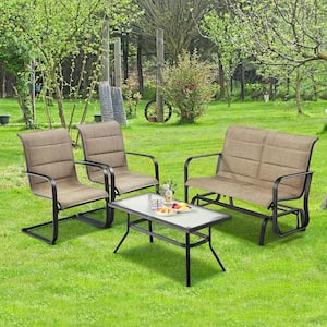4-Piece Metal Patio Conversation Set Padded Chairs Glider Loveseat Coffee Table