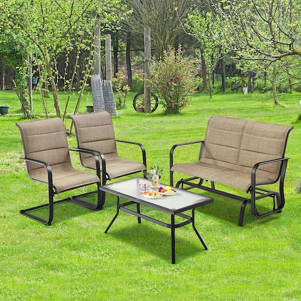 4-Piece Metal Patio Conversation Set Padded Chairs Glider Loveseat Coffee Table