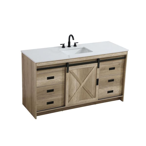 60 in. Single Sink Natural Oak Bath Vanity with White Engineered Marble Top