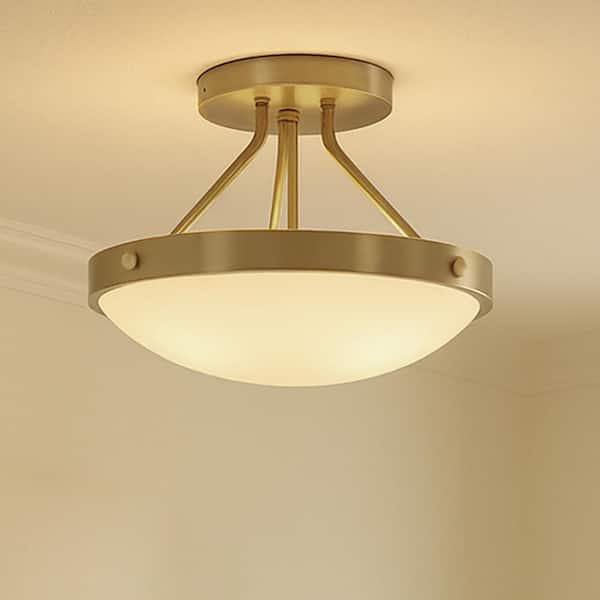 Gus 14.5 in. 3 Light Gold Semi-Flush Mount with Shade