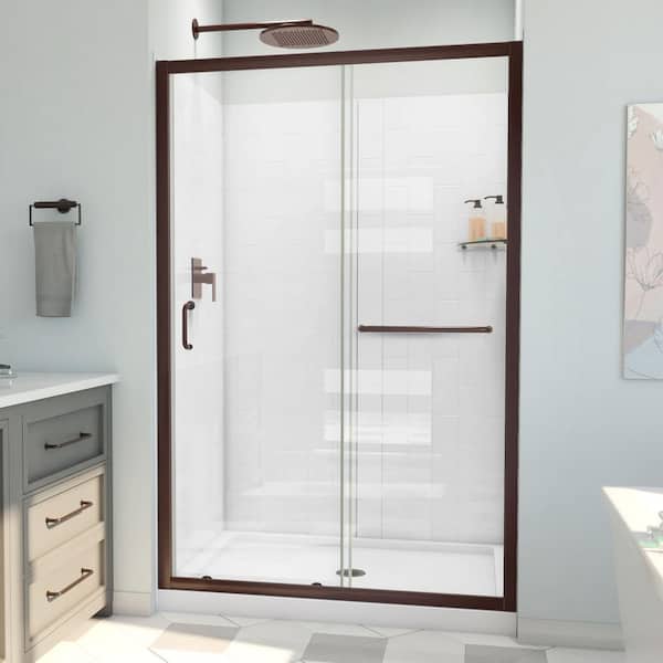 DreamLine 48 in. W x 78-3/4 in. H Sliding Semi-Frameless Shower Door Base and White Wall Kit in Oil Rubbed Bronze and Clear Glass