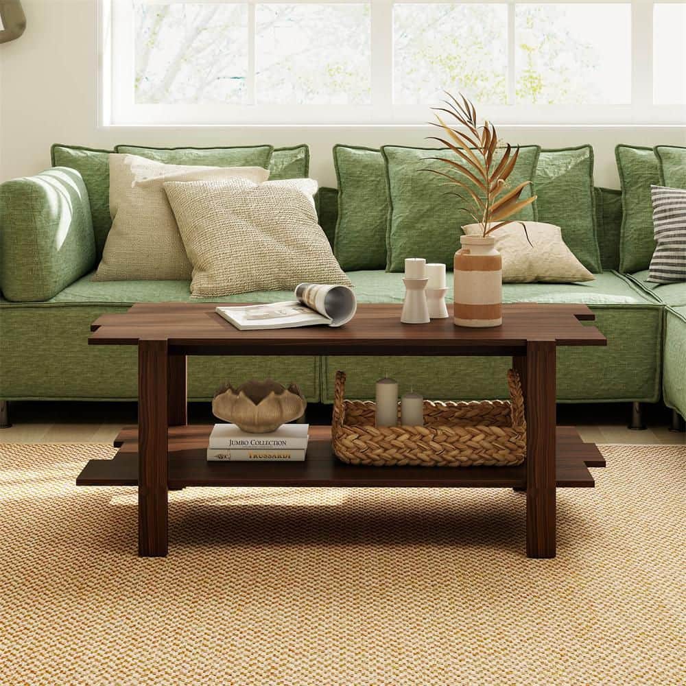 Costway 45 in. Walnut Specialty Particle Board 2-Tier Coffee Table