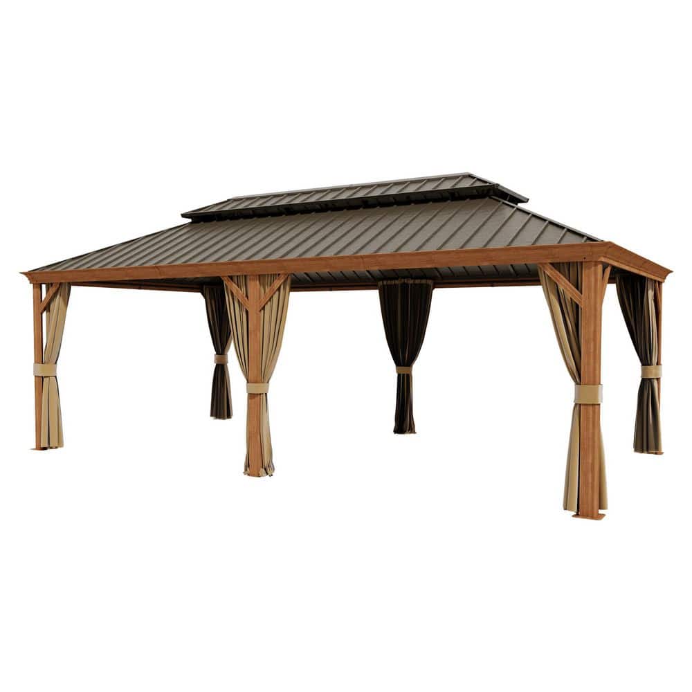 12 ft. x 22 ft. Aluminum Wood-Grain Frame Hardtop Gazebo Double Iron Roof Gazebo with Mesh and Curtains. price history on PriceWatchPro