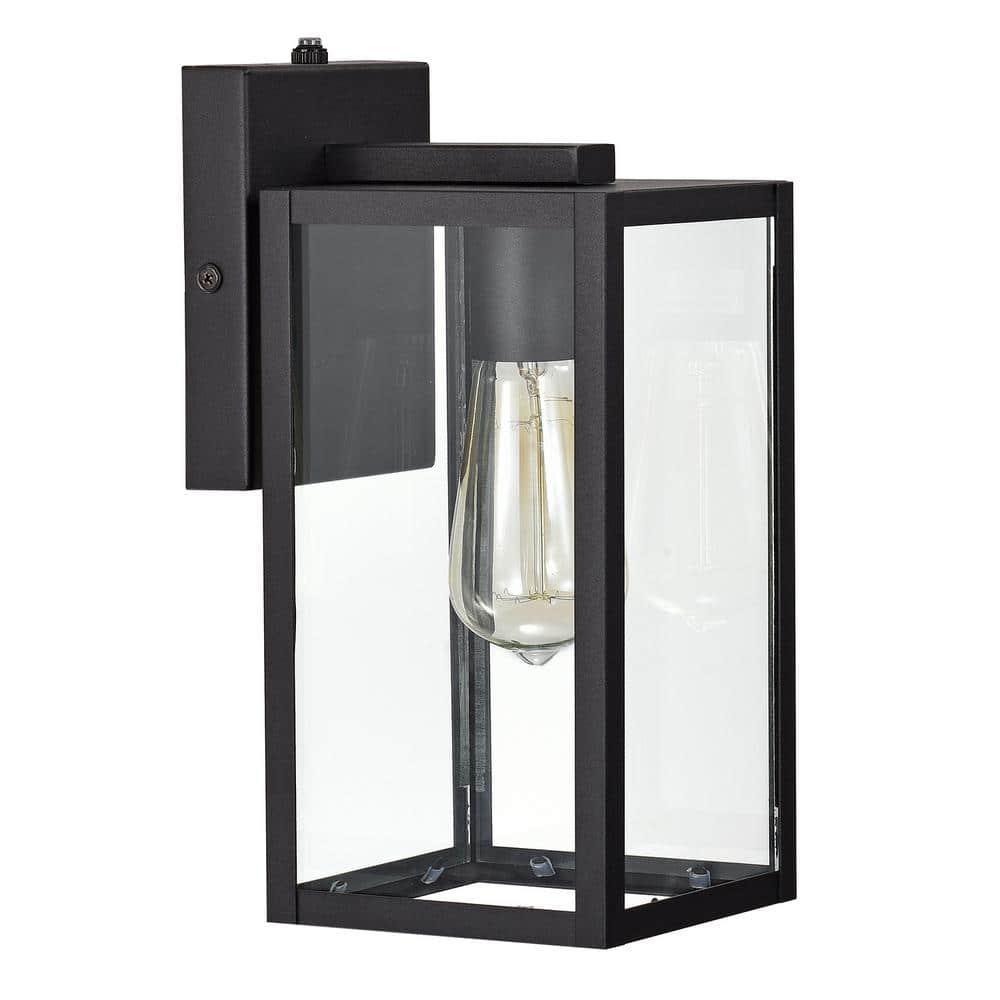 11.25 in. Textured Black Outdoor Light Control Wall Lantern Sconce with Cle