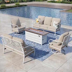 White 5-Piece Metal Outdoor Patio Conversation Set with Swivel Chairs, 50000 BTU Fire Pit Table and Beige Cushions