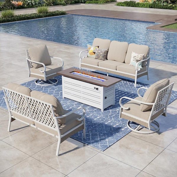 PHI VILLA White 5-Piece Metal Outdoor Patio Conversation Set with Swivel Chairs, 50000 BTU Fire Pit Table and Beige Cushions