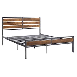 Brown Low Profile Metal Frame Queen Platform Bed with Wood Finish Panels