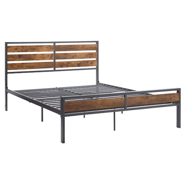 HomeSullivan Brown Low Profile Metal Frame Queen Platform Bed with Wood Finish Panels