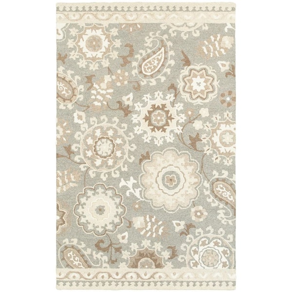 4' X 6' Gray And Sand Wool Floral Hand Tufted Area Rug