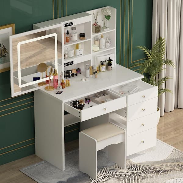 FUFU GAGA 5 Drawers White Wood LED Push Pull Mirror Makeup Vanity Sets Dressing Table Sets with Stool and 3 Tier Storage Shelves KF210141 03 The Home Depot