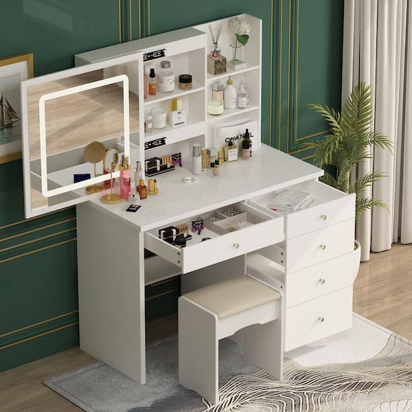 5-Drawers White Makeup Vanity Sets Dressing Table Sets with LED Dimmable  Mirror, Stool and 3-Tier Storage Shelves