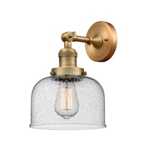 Franklin Restoration Large Bell 8 in. 1-Light Brushed Brass Wall Sconce with Seedy Glass Shade