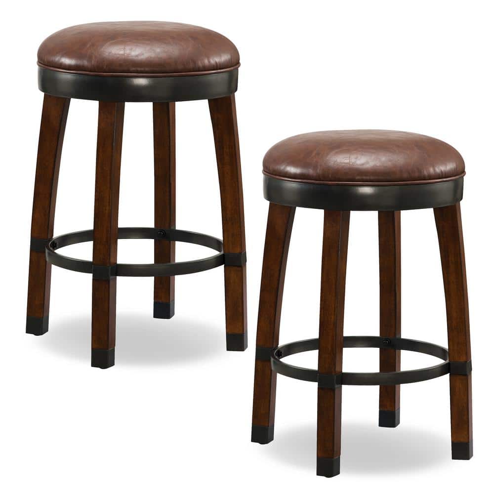 Sienna Swivel Saddle-Style Counter Stool in Brown Leather and Wood