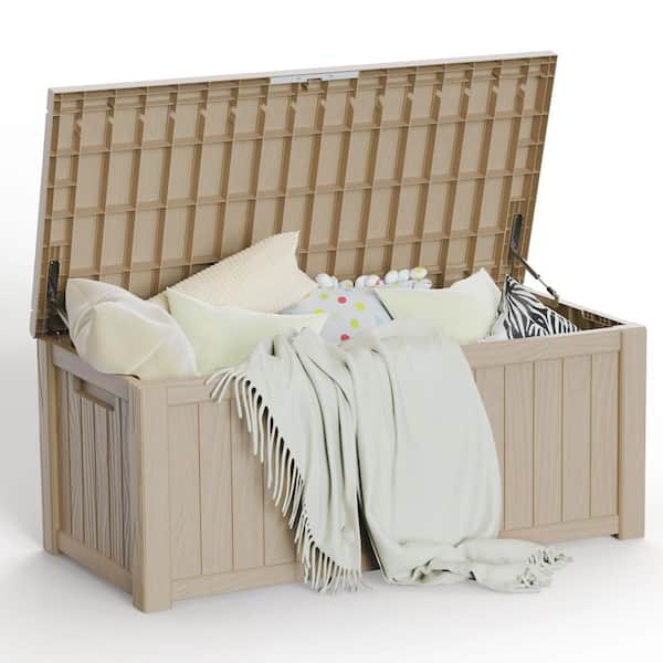 120 Gal. Outdoor Resin Deck Box with Lockable Lid, Heavy Duty Storage Bench for Patio Cushions, Toys, and Garden Tools